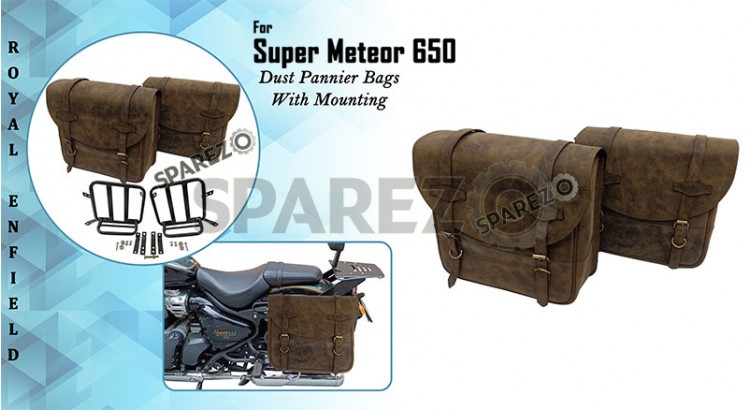 Royal Enfield Super Meteor 650 Dust Color Leather Pannier Bags and Mounting Pair - SPAREZO